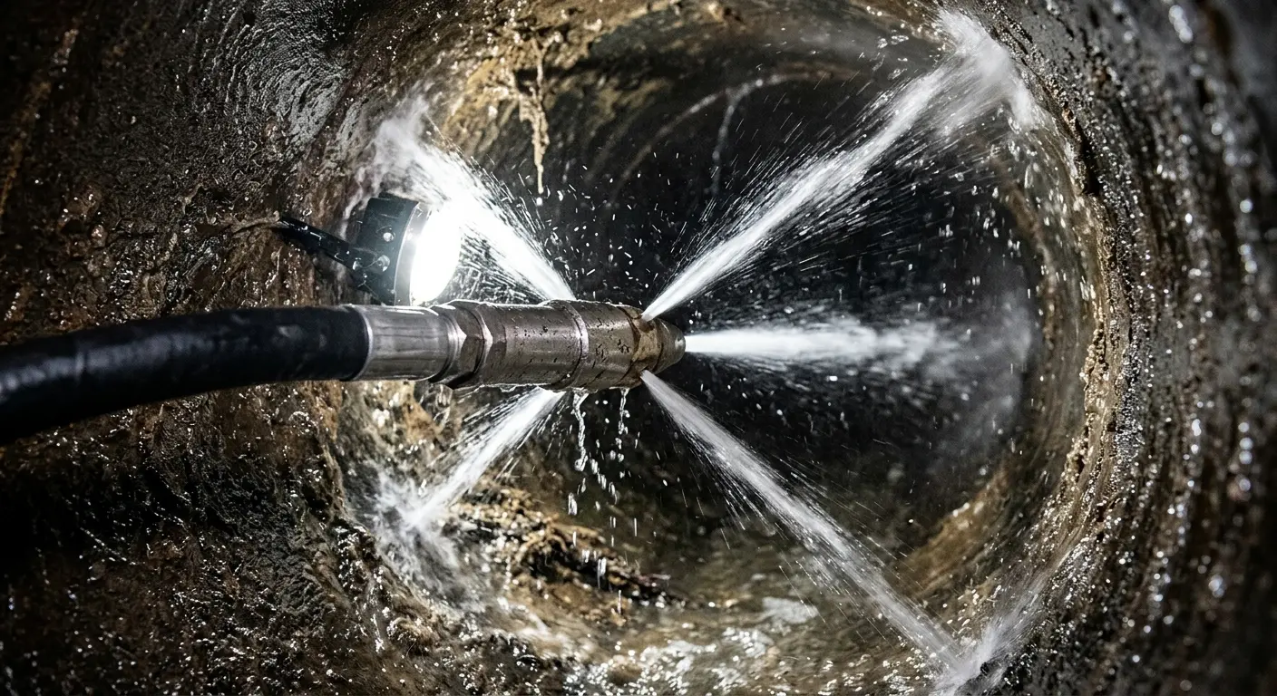 High-pressure hydro jetting nozzle cleaning sewer pipe for Emergency Drain Service in Belmar