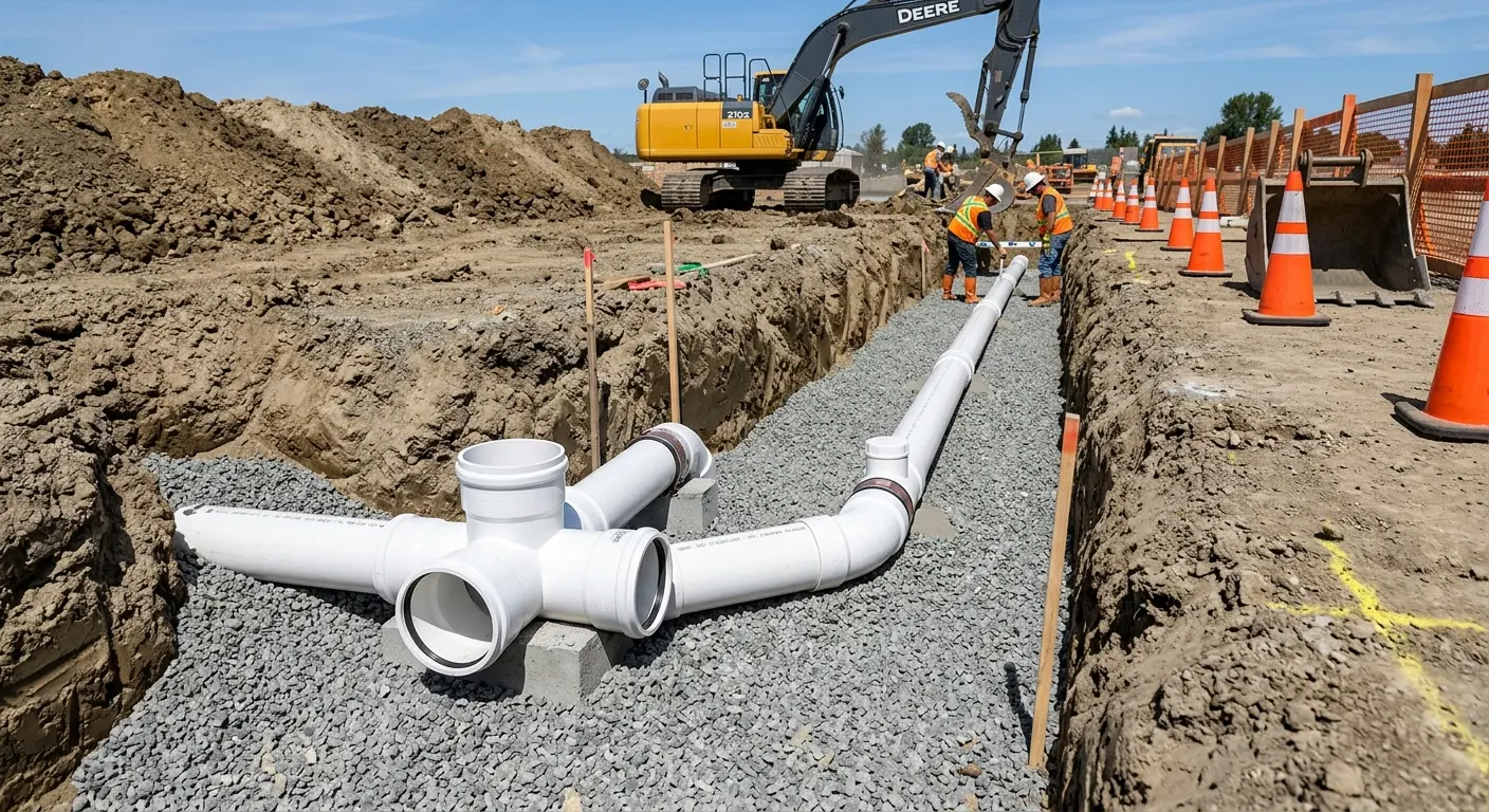 New PVC sewer pipe installation in open trench for Sewer Backup in Belmar