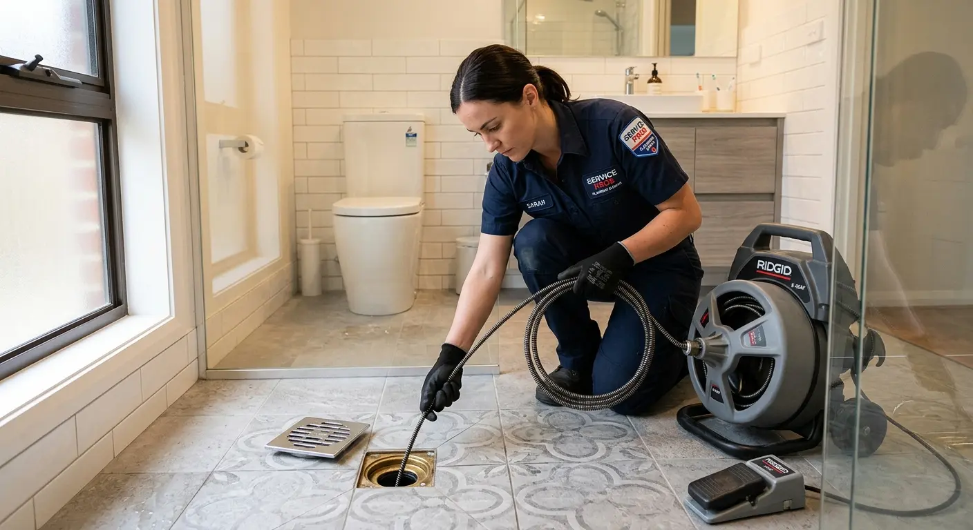 Technician clearing a bathroom floor drain for Drain Cleaning in Belmar